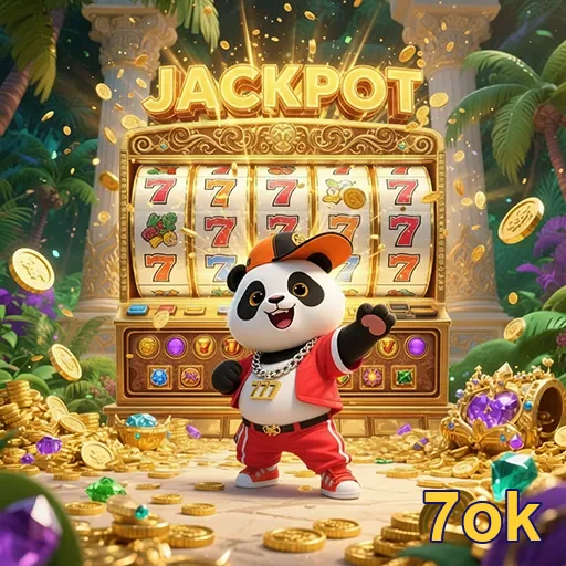 Imagem de um panda em uma máquina caça-níqueis no site 7ok, simbolizando sorte e jackpot.